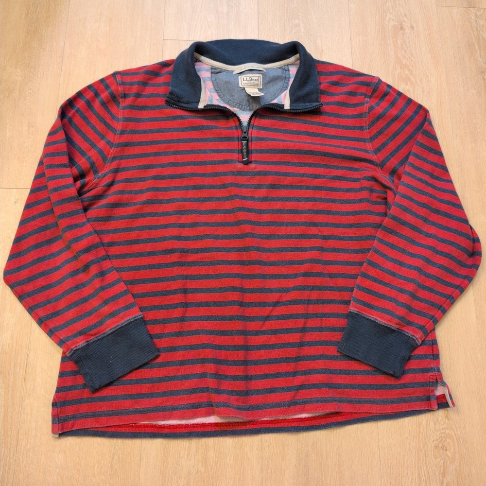 VTG LL Bean Men's Large Striped Rugby Style Quarter Zip Shirt Collared Red Blue